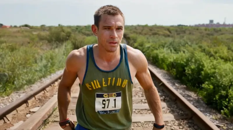 Un atleta victorioso camina triunfante sobre la pista de un antiguo estadio con su equipo de soporte