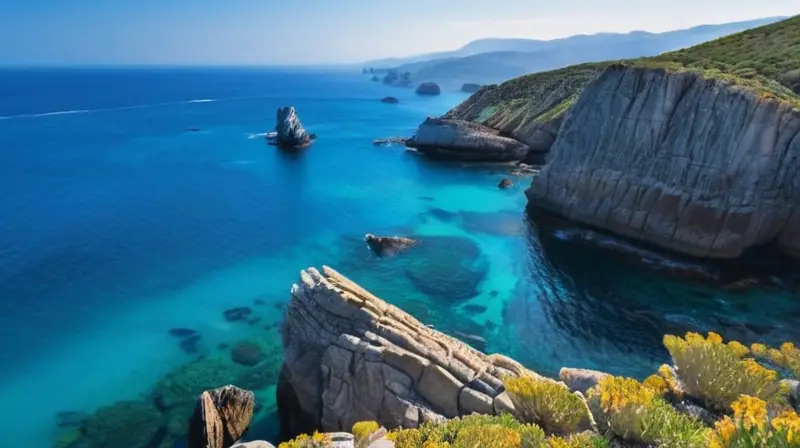 La imagen muestra un paisaje costero árido con acantilados de piedra caliza y vegetación mediterránea que se extiende hacia el horizonte