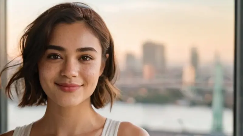 Una joven sonriente se encuentra enfrente de una ciudad borrosa, iluminada por el sol suave que crea sombras complicadas en su rostro