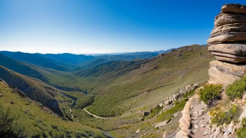 El terreno rocoso se eleva hasta un pico abrupto con senderos empedrados y piedras sueltas erosionadas por el viento y la lluvia