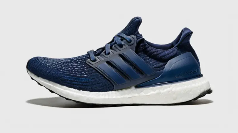 Un par de zapatos Adidas Ultraboost blanco y azul oscuro destacan sobre un fondo gris con manchas de espeque