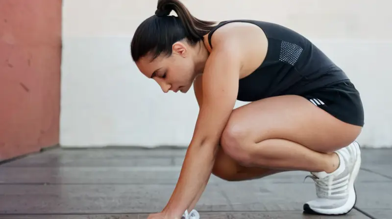 La mujer descalza tiene el cabello negro atado en una coleta y zapatos de running blancos con efecto gradual