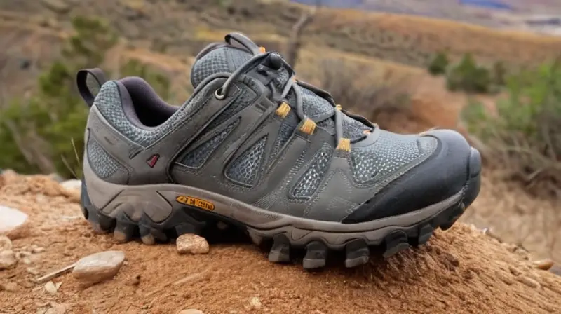 Un zapato de senderismo de color gris oscuro reposa sobre la tierra seca, con un suelo exterior rugoso y una caperuza prominente