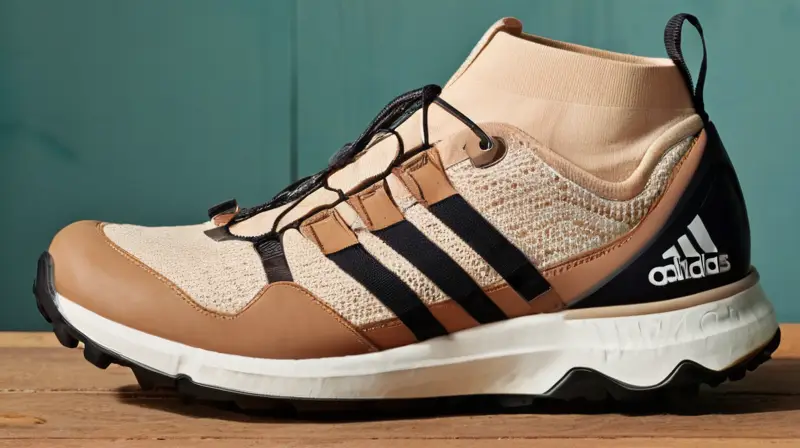 La cámara enfoca en un zapato Adidas Terrex Soulstride Ultra sobre una mesa de madera con sombras profundas y detalles texturizados