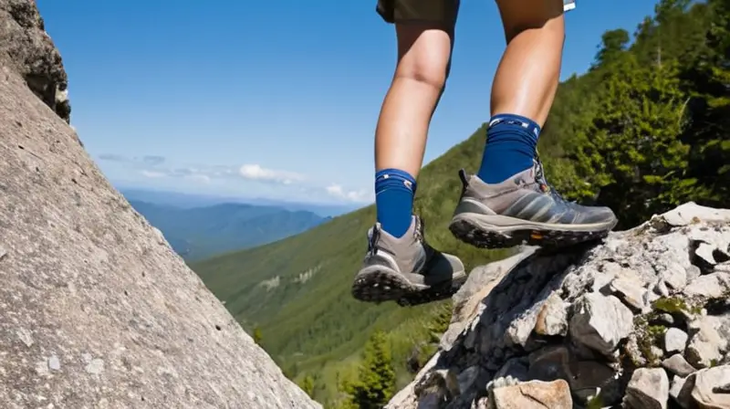 Un escalador camina por un riel en una escarpada montaña bajo un cielo azul claro