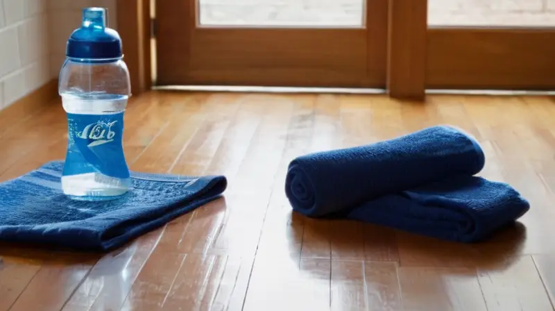 En una habitación deportiva con decoración minimalista y algunos accesorios desordenados, un par de zapatillas de correr descansan junto a un paño secador húmedo