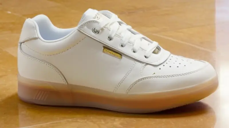 Un zapato deportivo blanco descansa sobre un suelo de linóleo con diseño aerodinámico y malla de cuero sintético suave