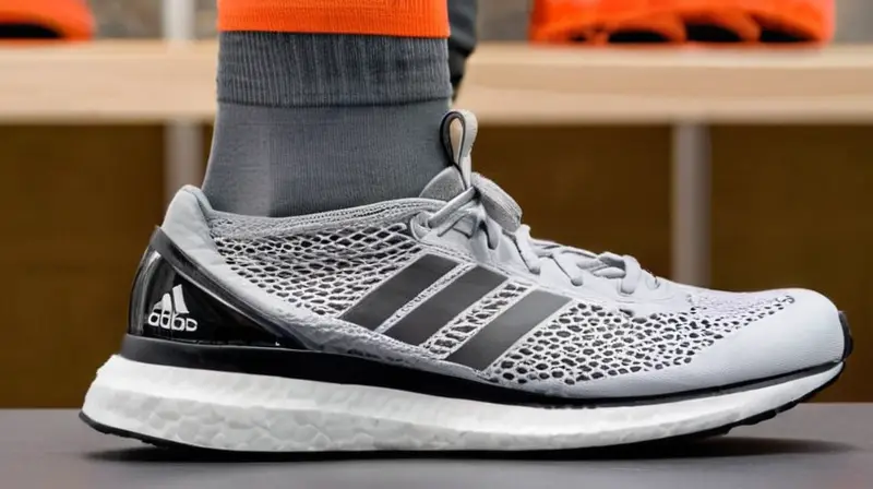 Las botas Adidas Adios Pro reposan sobre una superficie gris apagada mostrando detalles sutiles de diseño