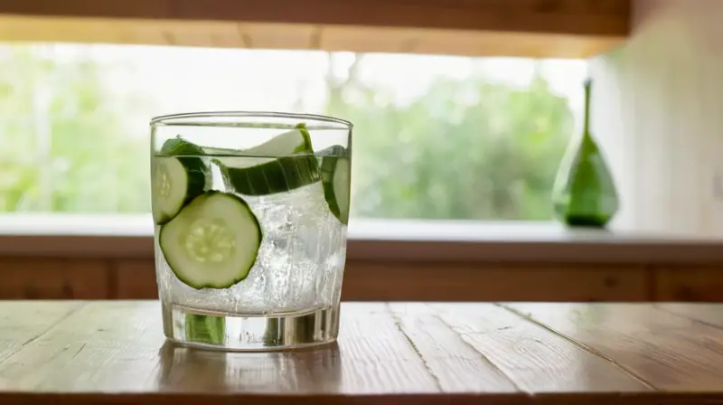 Un vaso de agua con hierbas de pepino transparente cuelga sobre una mesa de madera desgastada bañada por la luz suave del amanecer