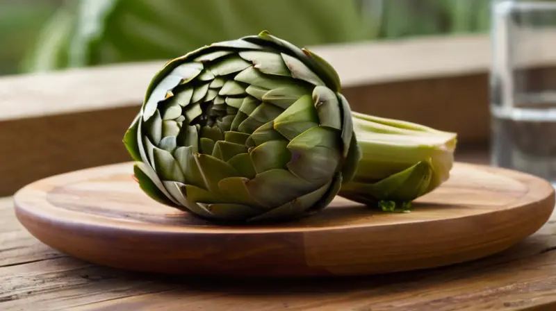 Una artichoca vaporizada descansa en un borde de madera rugosa con hojas suaves y una fuente de agua diminuta en la mesa