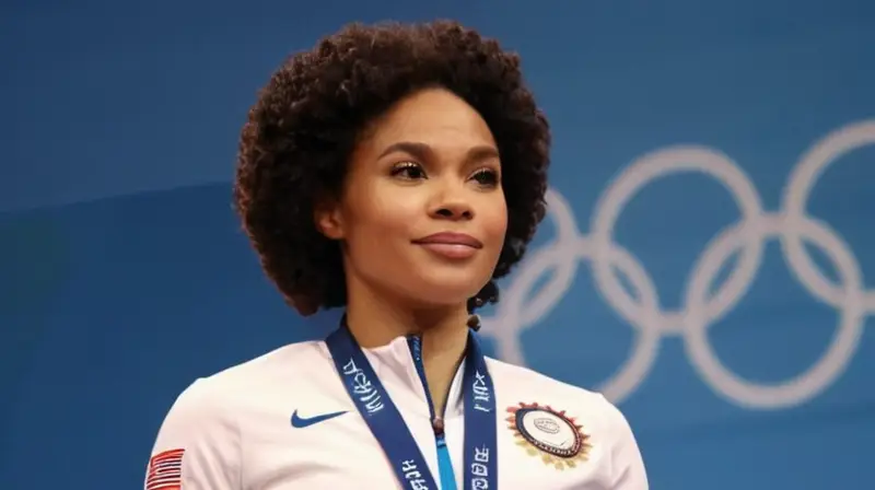 Una mujer afrodescendiente de figura atlética se encuentra en el podio con una actitud confiada y orgullosa, luciendo uniforme olímpico clásico