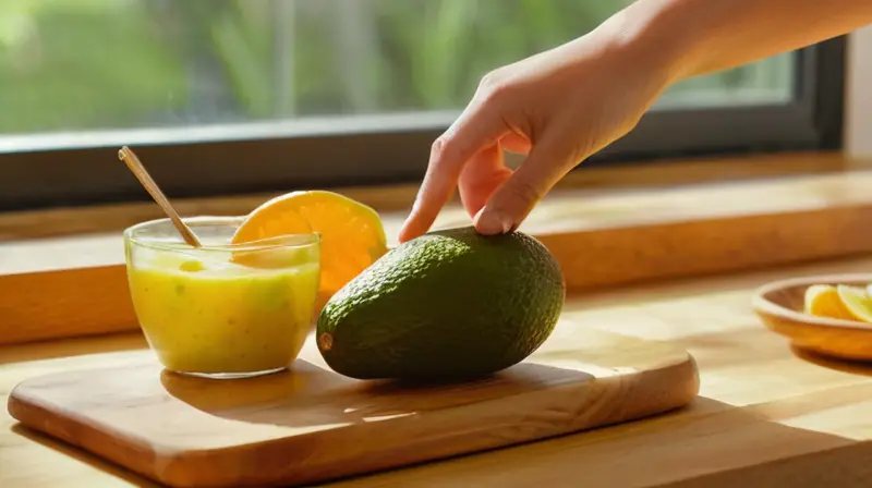 Una mujer está cortando un aguacate en una cocina iluminada por la luz del amanecer