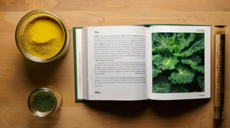 Una foto muestra la cocina con verduras frescas, un recipiente de turmerico y utensilios dispuestos en el counter