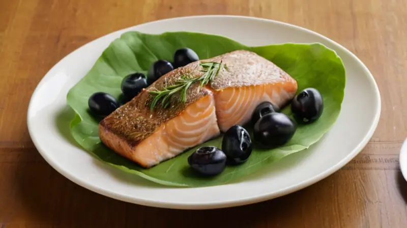 En una mesa, un salmón rosado cruza luces cálidas con un poco de pan integral fresco y lechuga, rodeados de aceitunas negras y hojas de lechuga