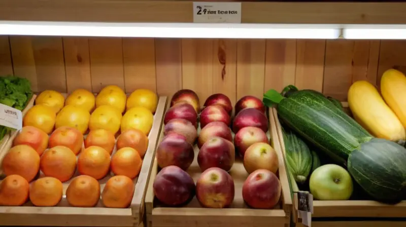 Una cámara enfocada en el corazón de una tienda especializada en alimentos saludables muestra una variedad de frutas y verduras en estanterías de madera, iluminadas suavemente por luces difusas