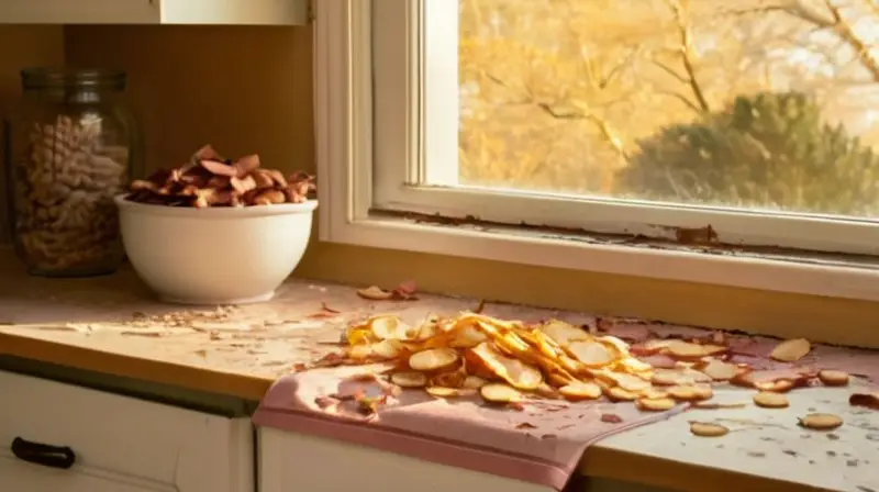 Un counter de cocina desordenado refleja luz dorada a través de la ventana, iluminando restos de comida como trozos de tocino quemado y patatas fritas crujientes