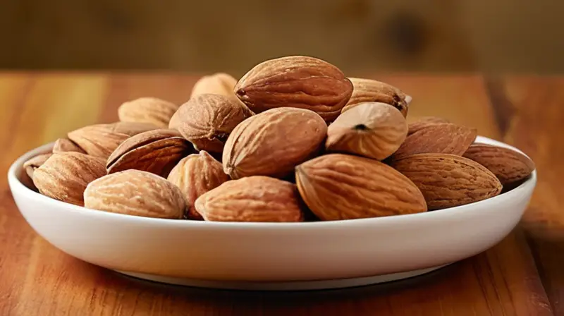 Se muestra un plato de almendras frescas en una mesa de madera pulida que reciben una luz suave y cálida