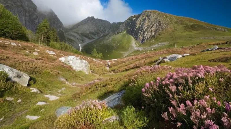 Una cadena montañosa se eleva abruptamente desde una valle verde dominado por grava redondeada