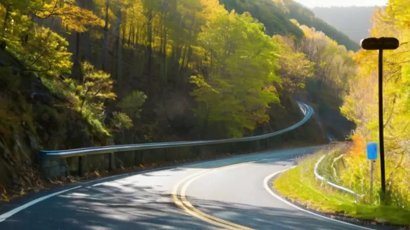 Una carretera empedrada y rocosa se eleva bruscamente entre altos árboles