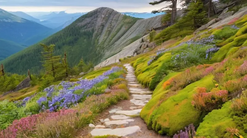 Un sendero empedrado y estrecho sube por una montaña ondulada cubierta de bosques verdes y rocas graníticas, bajo un cielo claro