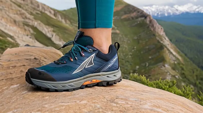 Un par de botas roperos montañeros descansan junto a una zona de paisaje serrano pintoresco