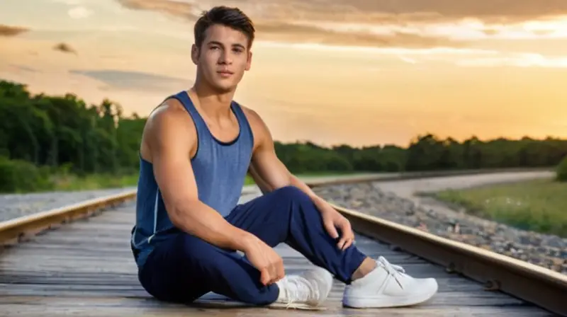 Un joven Alvaro Manso se encuentra en un campo de carreras rústico bajo el sol, con ropa deportiva y cabello despeinado por el esfuerzo