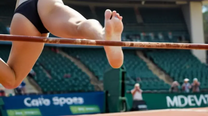 Una atleta de salto alto tiene un cuerpo atlético con músculos bien definidos mientras compite en una cancha exterior bajo el sol