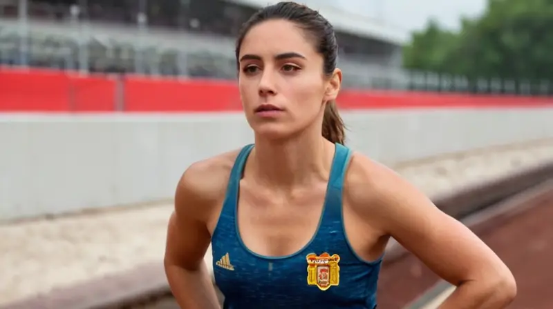 Una atlética española de pie en los carriles con mirada concentrada y una postura relajada, destacando la forma ágil y bien proporcionada de su cuerpo vestido con el escapulario de España