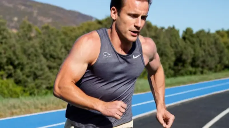 Un hombre joven y musculoso corre con intensidad por la pista de atletismo al aire libre bajo el sol matutino