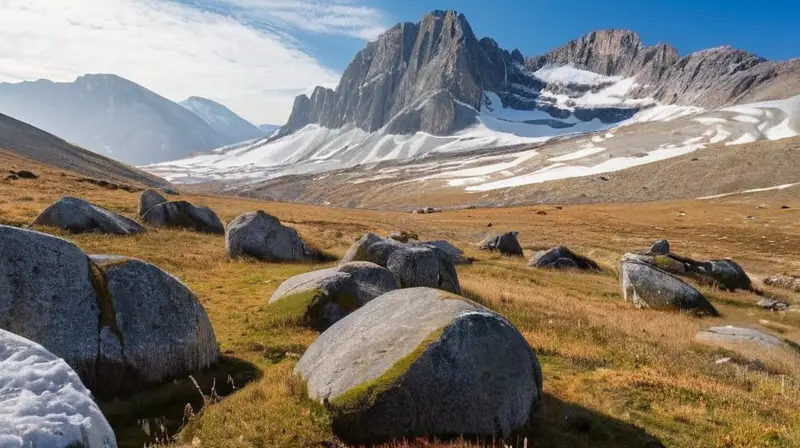 La montaña se eleva como una pirámide con la cumbre cubierta de nieve y rocas desgastadas por el glaciar