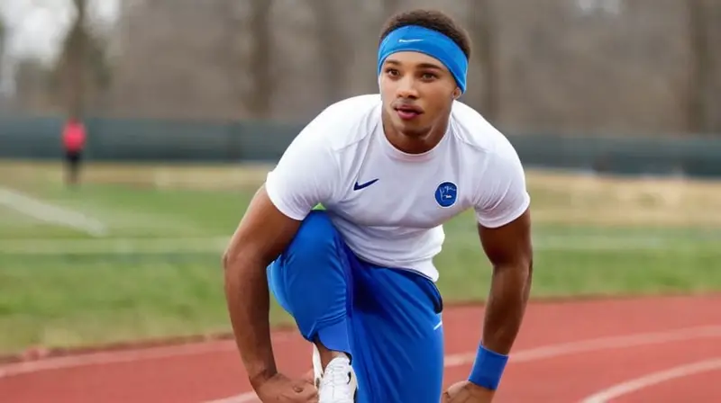 Un joven atleta reposa el extremo izquierdo de su pie sobre una pista deportiva mientras flexiona sus piernas y se estira