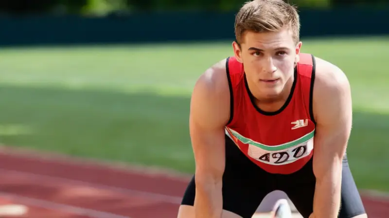 Un atleta joven está preparado para corretear en un campo de athletics