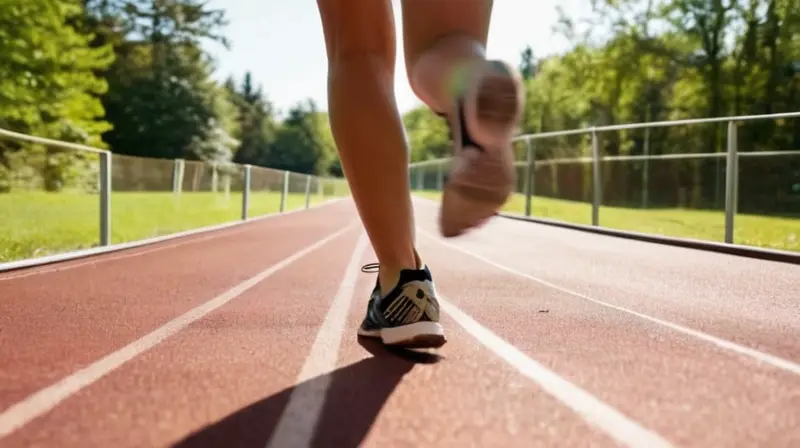 Un joven atleta corre con intensidad en un campo de tráfico sintético rodeado de una multitud entusiasta bajo el sol brillante