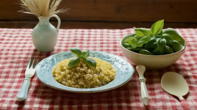 Una ilustración en estilo vintage muestra una cocina sencilla y acogedora, con un ambiente cálido e interior animado