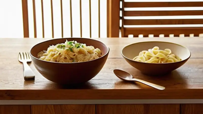 Un ambiente cálido de cocina con detalles clásicos: un arroz y pasta servidos en una mesa sencilla bajo la luz natural del sol filtrado