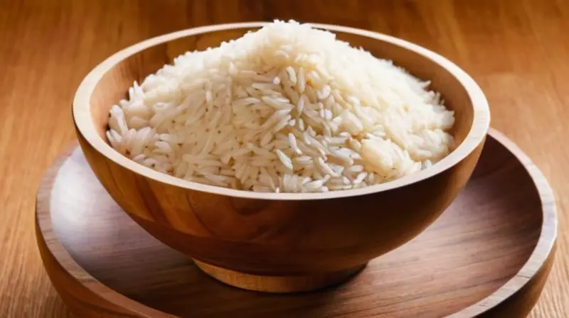 La fotografía muestra diferentes tipos de arroz dispuestos en una mesa: el japonés es plump y translúcido, el indio es alargado y slender, y el tailandés tierno y aromático