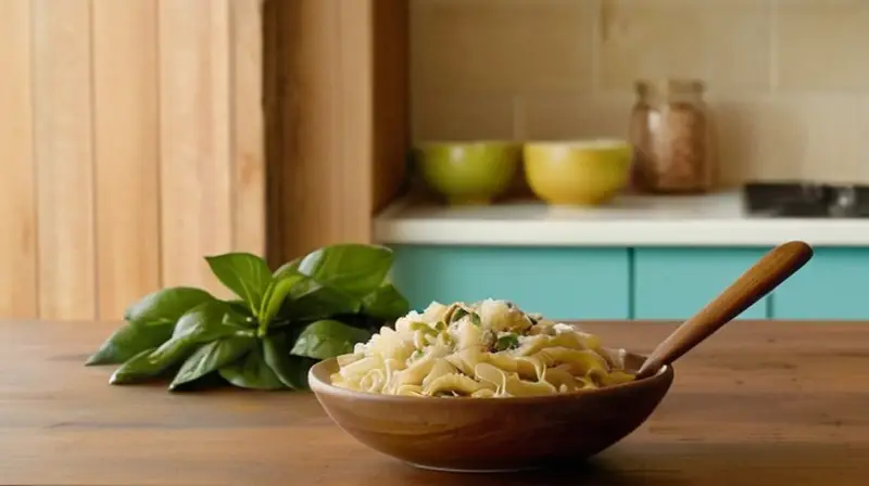 Una mesa de cocina blanca con un recipiente de pasta y arroz al lado, está iluminada por una suave luz fluorescente creando un ambiente acogedor