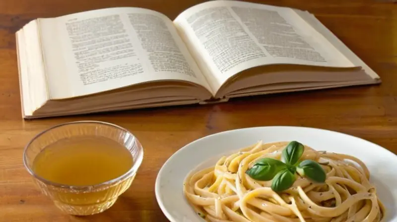 Una mesa de madera rusticísima con vasos de pasta y una página rota de recetario adornan un entorno cálido y suave