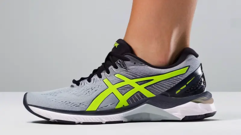 Una imagen en close-up de un zapato deportivo Asics FF Blast Plus Pure Gel con detalles en relieve destacan sobre una superficie oscura