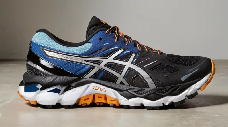 La imagen muestra dos zapatos de correr Asics FujiTrabuco 8 colocados lado a lado en una superficie plana, con detalles como cordones reflejantes y texturas en el material superior