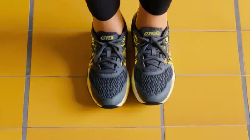 Las zapatillas de un calzado deportivo Asics están puestas sobre una suelo amarillo desgastado, mostrando sus características y detalles