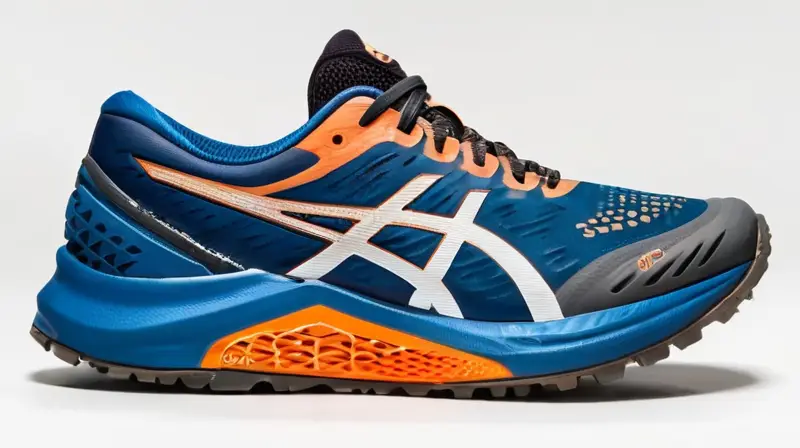 La imagen muestra un diseño detallado y renderizado del talón de la zapatilla ASICS MetaFuel Trail con marcaciones de medidas precisas en milímetros