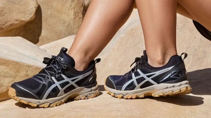 Una mujer con zapatos Asics Speed Trail Fuji está parada en un pedregal beige, sujetando su pie con la mano