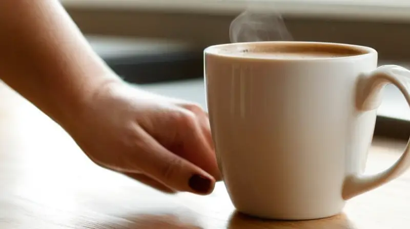 Una mujer sostiene un tazón de café caliente en una mesa de cocina con apreciables detalles de su mano y brazo