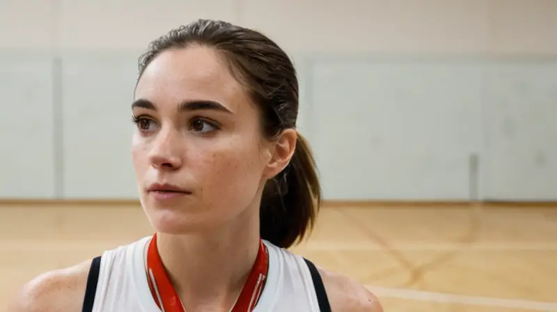 Una mujer atlética con el brazo en alto victorioso se mantiene erguida con una dedicación intensa, rodeada de instrumentos deportivos