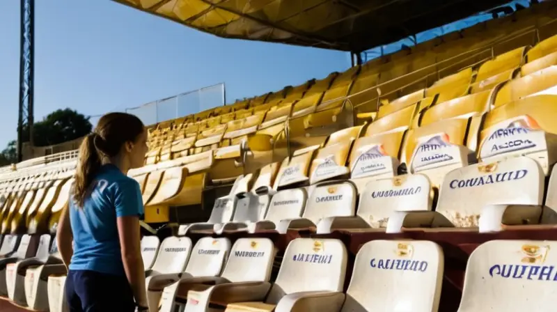 Una joven atleta se refleja en la acera mojada mientras observa el estadio donde la luz del sol y las luces de espectador crean sombras profundas y un ambiente de deterioration