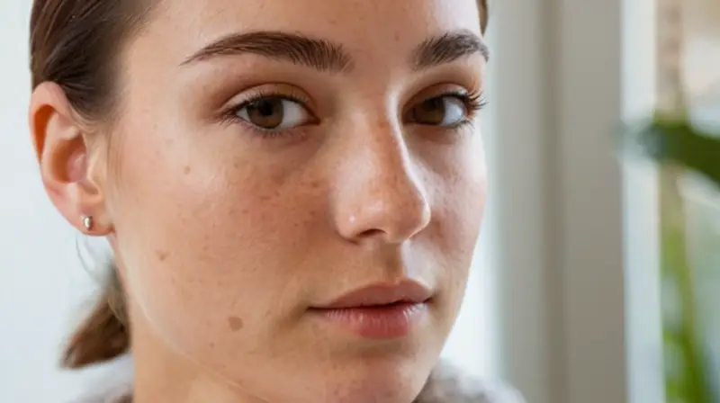 Una joven sentada en una habitación desordenada con el pelo revuelto y un par de 耳bud suaves en la mano contempla el techo con mirada distraída