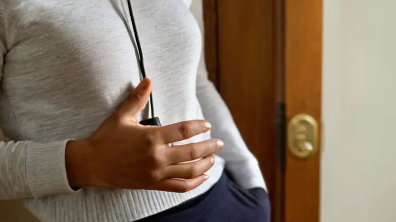 Una persona con un auricular de cables inalámbricos aferrados en sus manos, sujeta el dispositivo cerca de la oreja mientras su cuerpo se inclina ligeramente hacia esa área