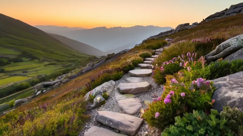 Un sendero ascendente de granito atraviesa un valle rocoso con el pico del Balaitous cubierto aún por la bruma matutina