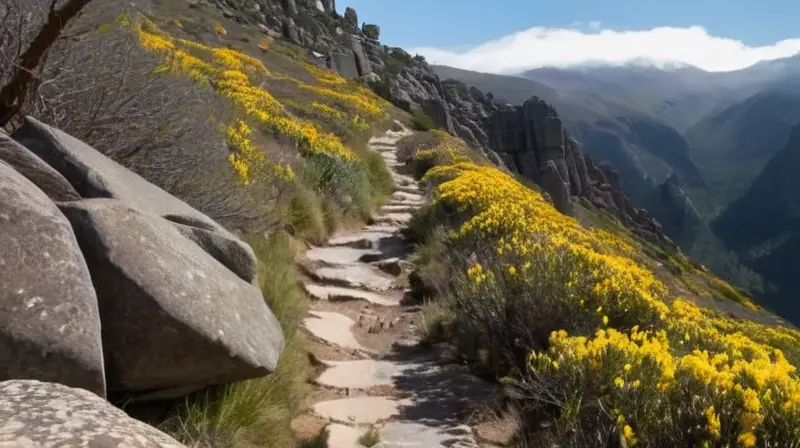 Un hikero camina por un sendero estrecho y rocoso rodeado de arbustos espinosos y montañas majestuosas a su fondo